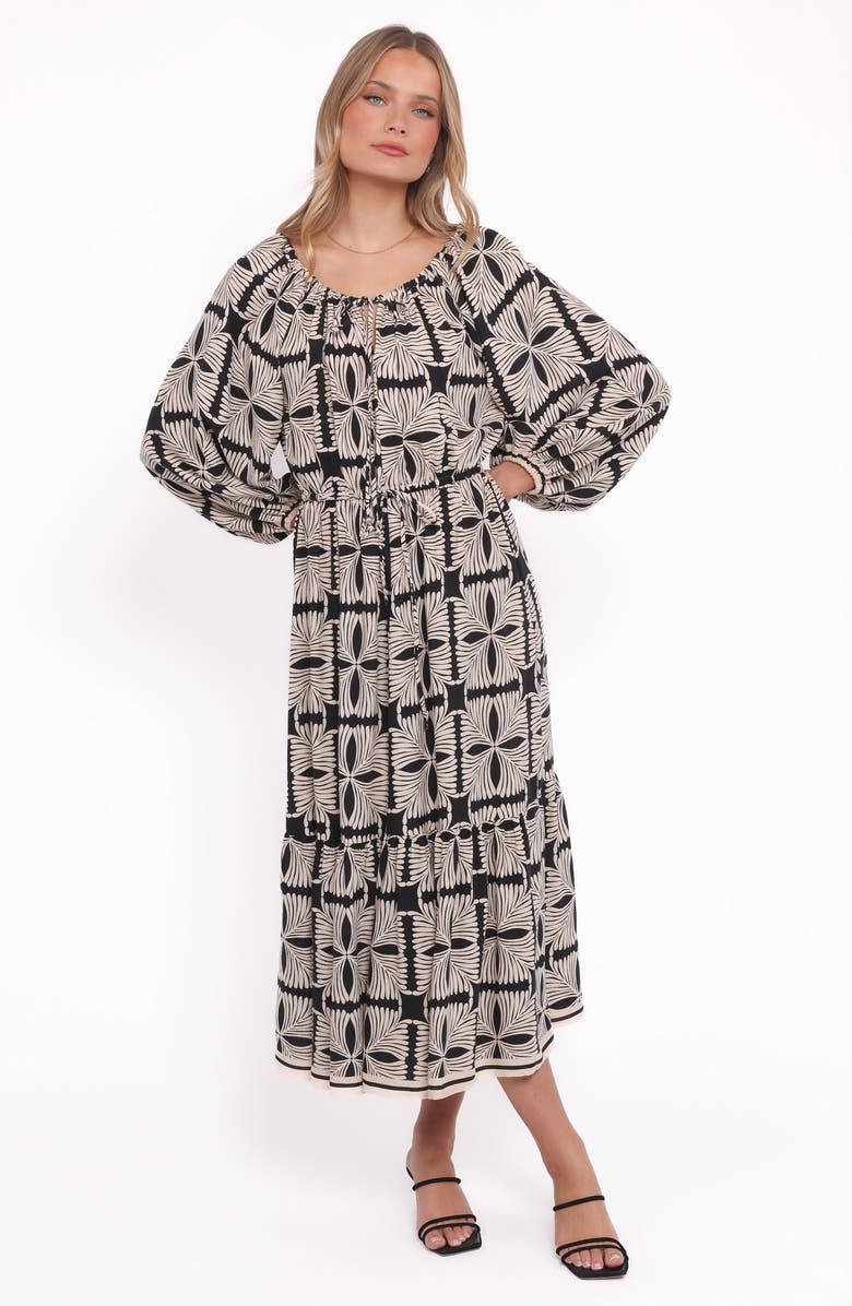 Petal & Pup Faris Print Long Sleeve Maxi Dress, Alternate, color, Black Geo