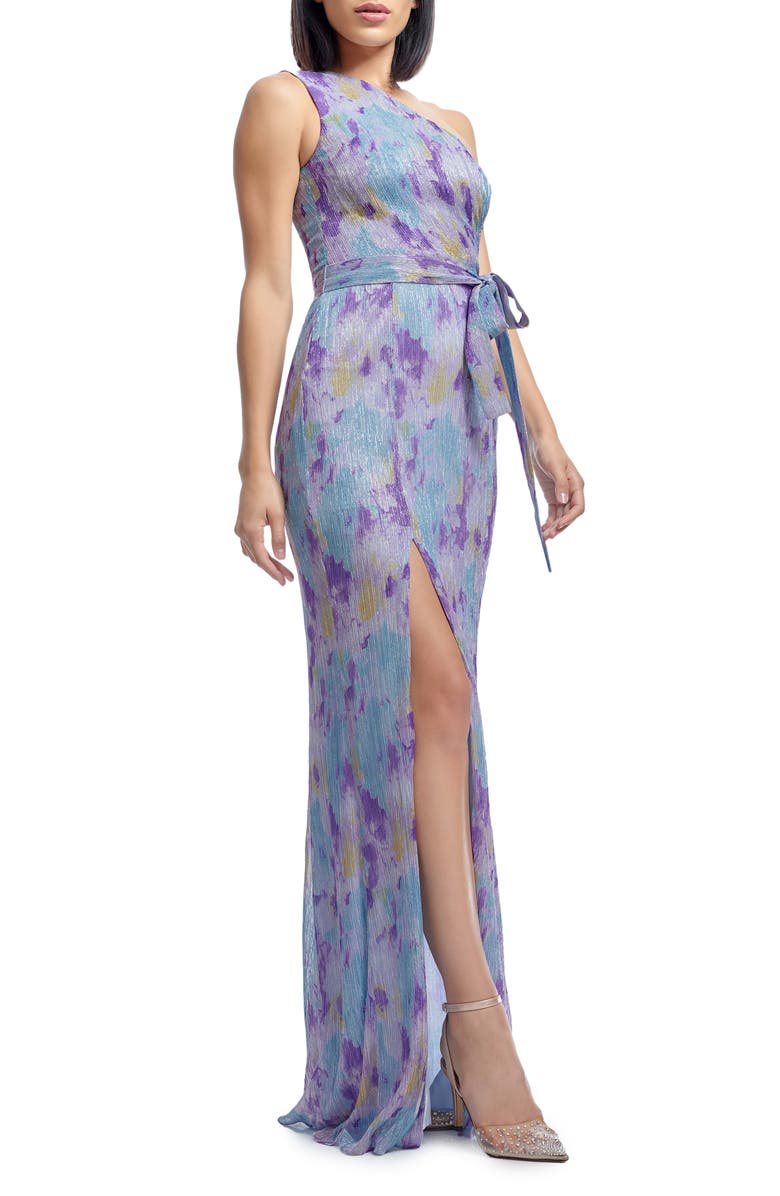 Dress the Population Bella Metallic Floral Plissé One-Shoulder Gown, Alternate, color, Sky Multi