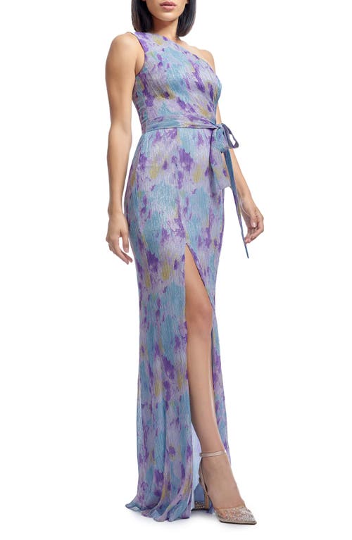 DRESS THE POPULATION DRESS THE POPULATION BELLA METALLIC FLORAL PLISSÉ ONE-SHOULDER GOWN 