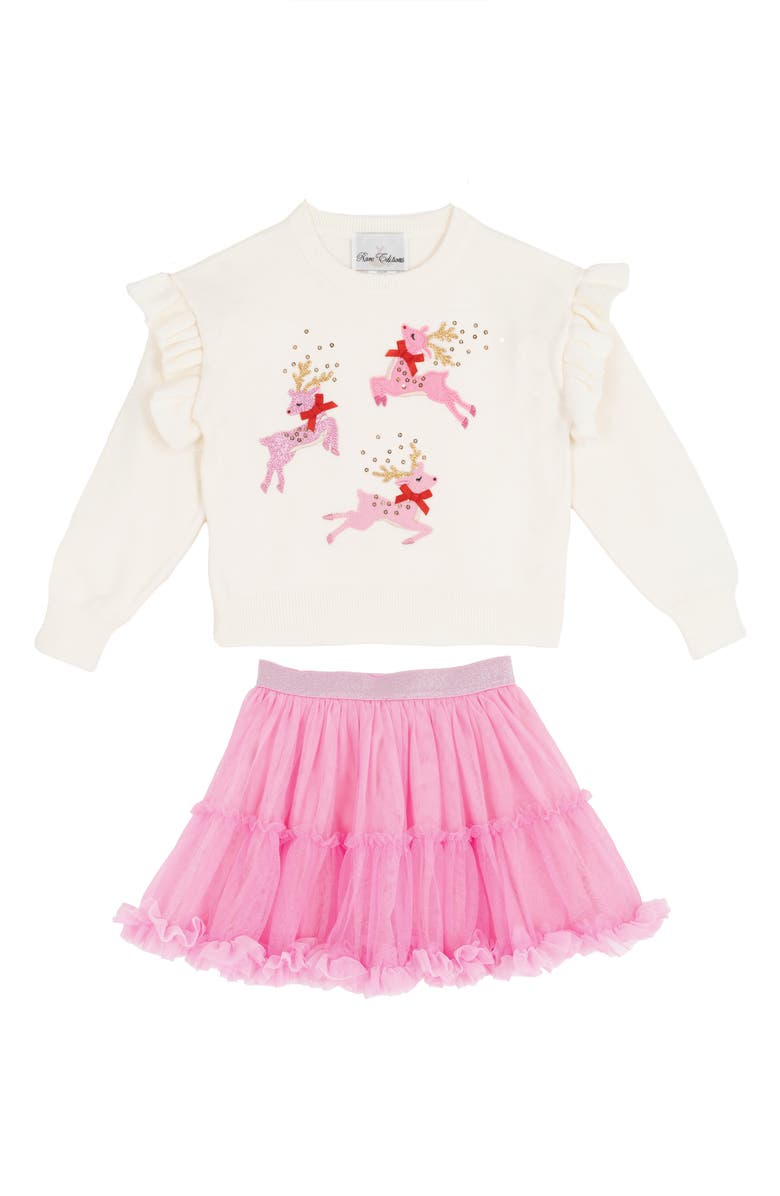 Rare Editions Kids' Appliqué Sweater & Tutu Skirt Set, Main, color, Ivory