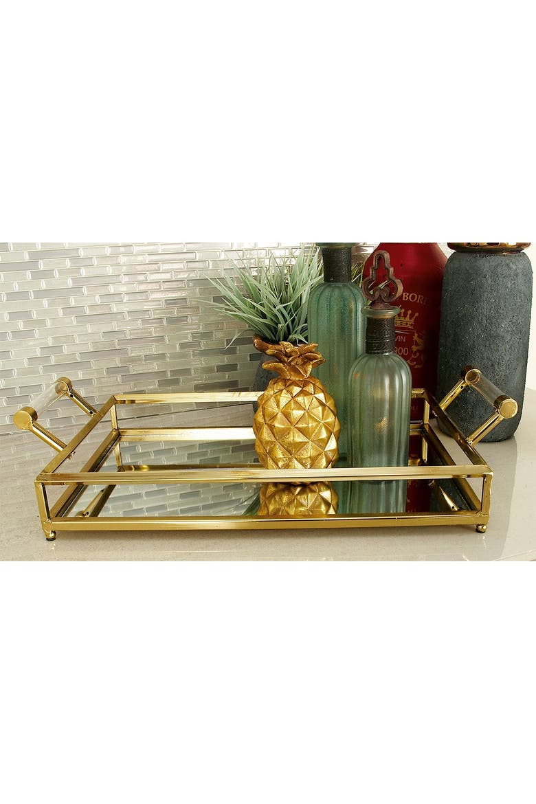 Goldtone Metal Mirrored Tray with Acrylic Handles, Alternate, color, GOLD