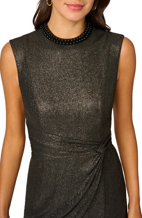 Pearly Neck Metallic Midi Sheath Dress