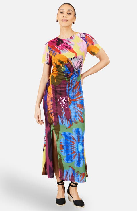 Abstract Floral Mesh Maxi Dress