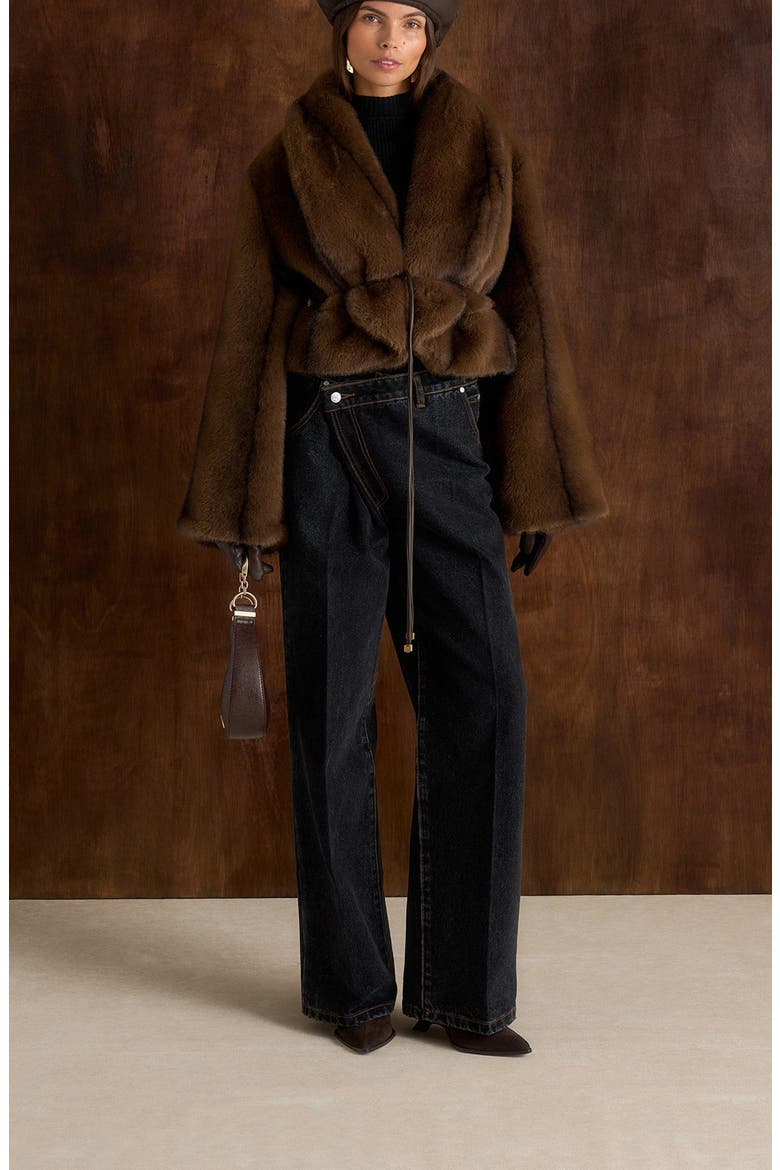Nola Fur Shawl Jacket with Leather Belt, Alternate, color, Brown