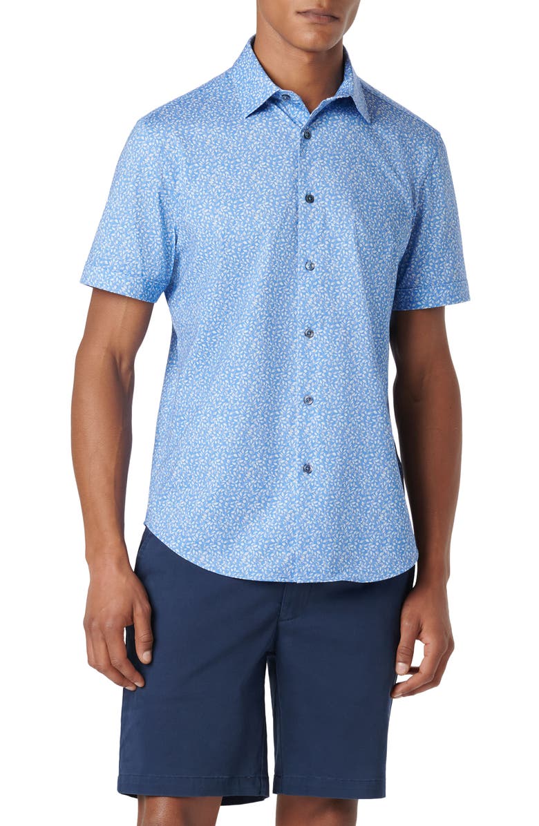 Bugatchi Miles OoohCotton<sup>®</sup> Leaf Print Short Sleeve Button-Up Shirt, Main, color, Cobalt