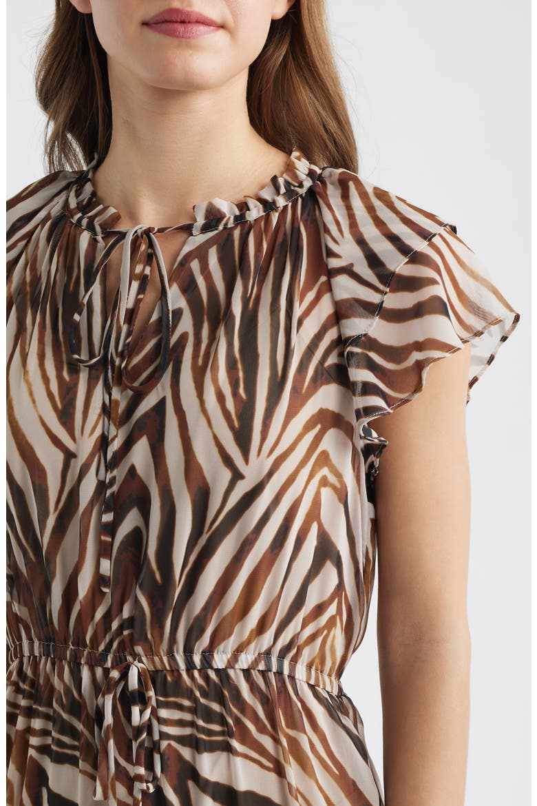 Flutter Sleeve Midi Dress, Alternate, color, BROWN MULTI