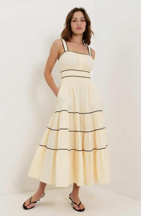 Strappy Tiered Flowing Contrasting Trim Maxi Dress