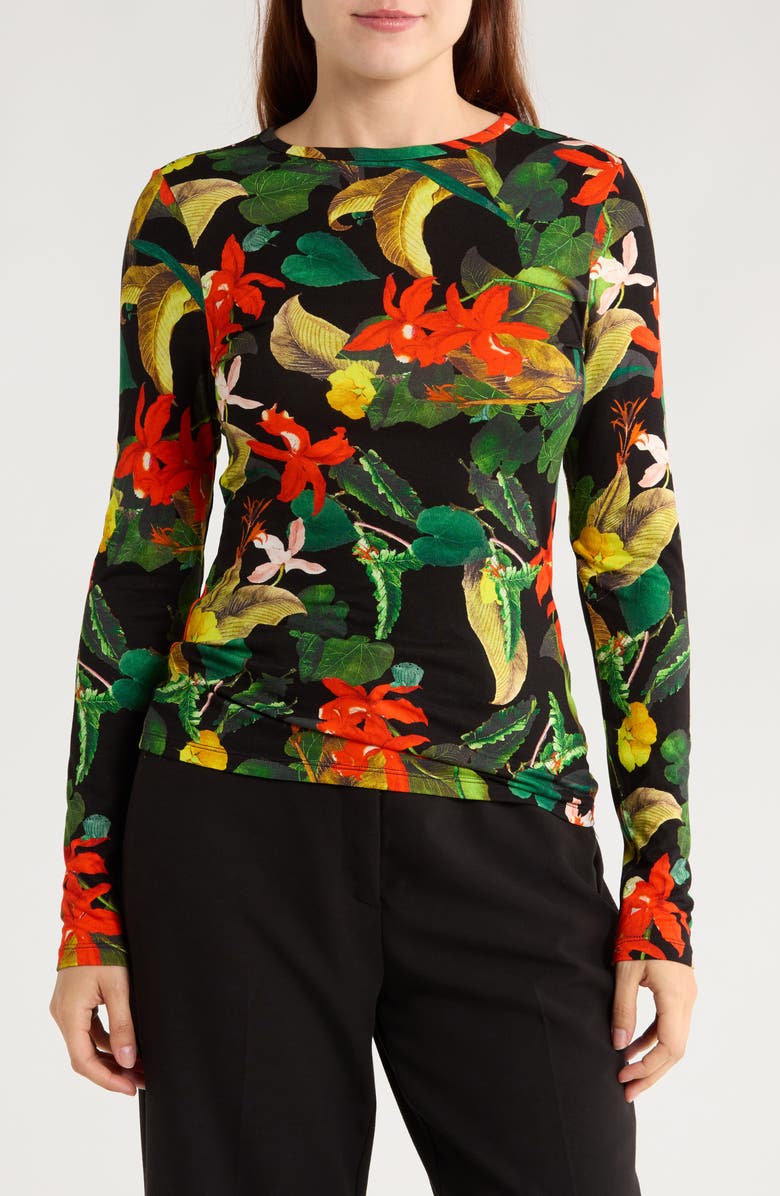 Alice + Olivia Delaina Long Sleeve Top, Main, color, Tropical Sunrise Black