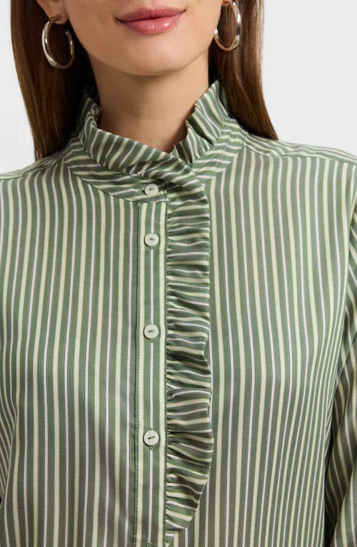 Foxcroft Sadie Stripe Ruffle Button-up Shirt In Green