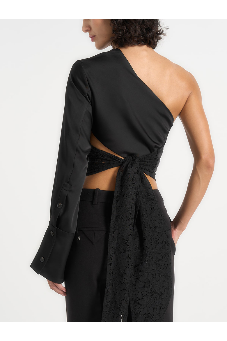 Coralie One Sleeve Lace Wrap Top, Alternate, color, Black