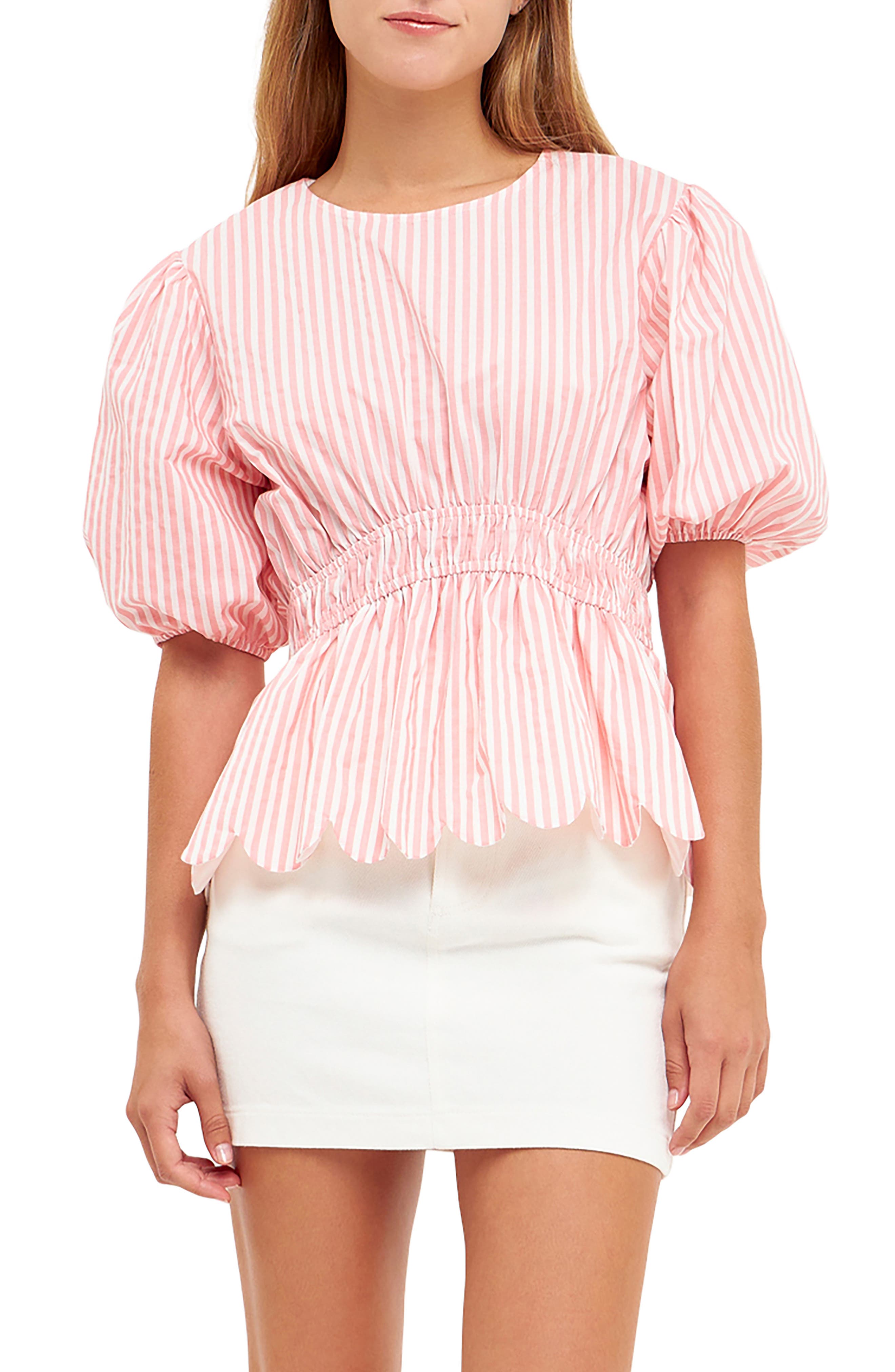 English Factory Stripe Puff Sleeve Peplum Top in Pink Stripes 