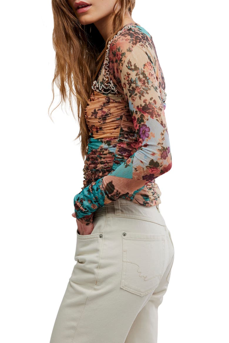 Ariana Printed Ruffle Shirred Mesh Shirt, Alternate, color, TAUPE COMBO
