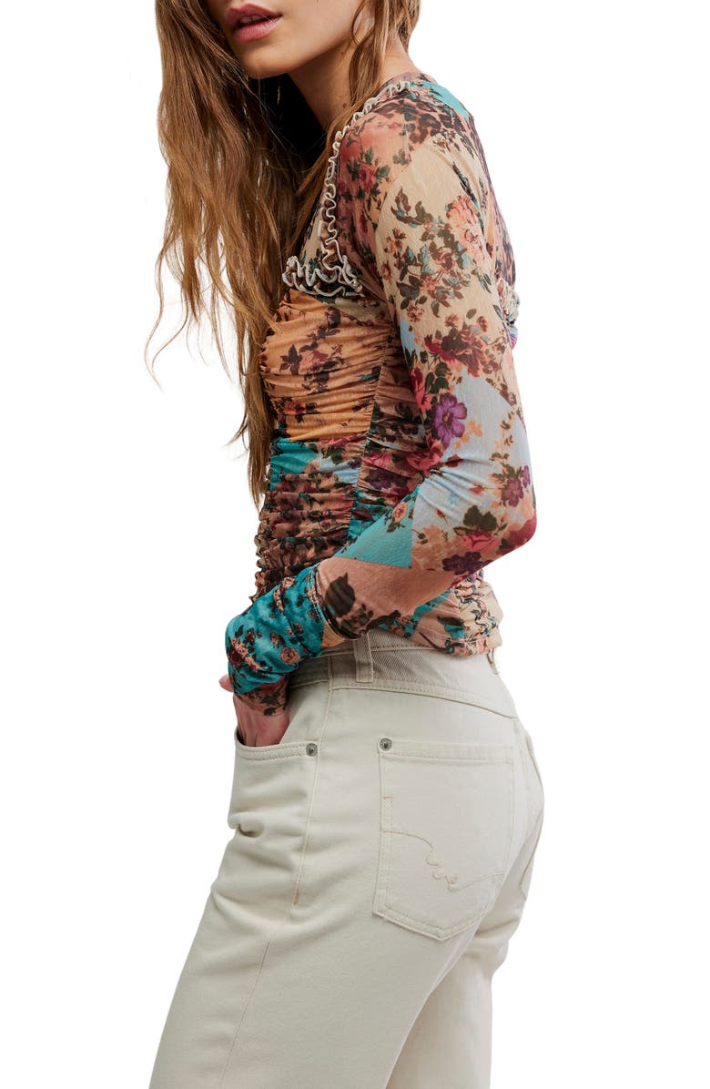 Free People Ariana Printed Ruffle Shirred Mesh Shirt, Alternate, color,