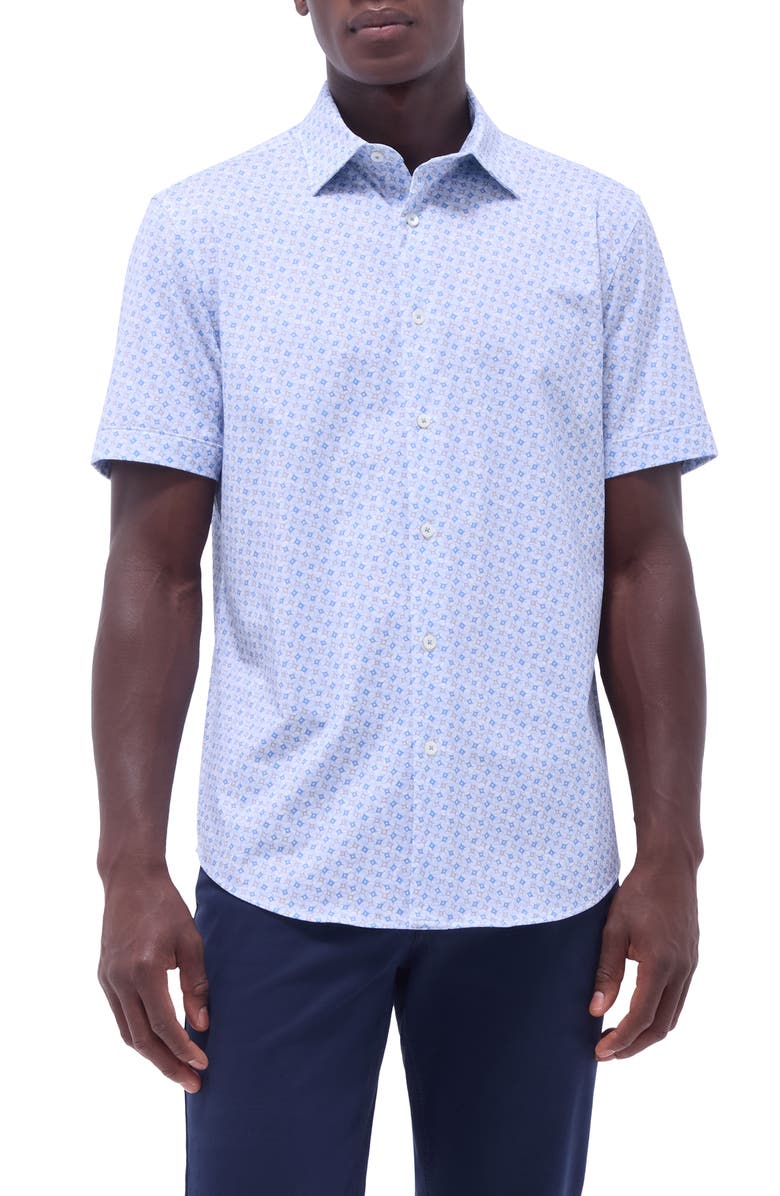 Bugatchi Miles OoohCotton<sup>®</sup> Print Short Sleeve Button-Up Shirt, Main, color, Air Blue