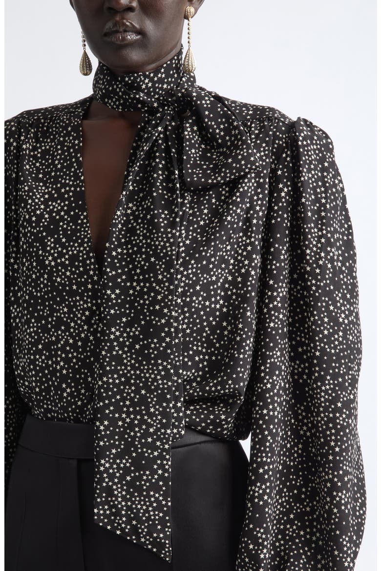 Starry Long Sleeve Silk Minidress, Alternate, color, BLACK/ CREAM