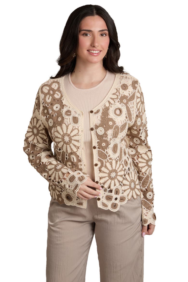 Flower Open Stitch Cardigan, Alternate, color, BROWN