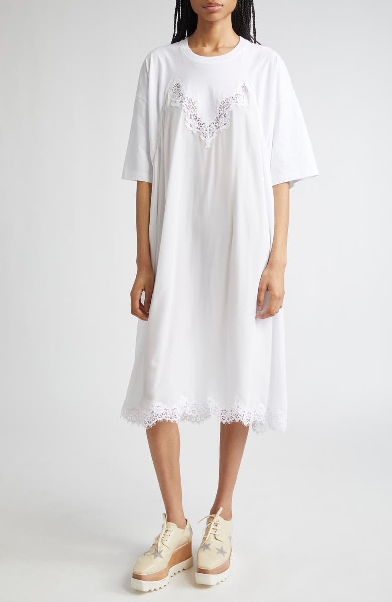 Stella McCartney Lace Trim Mixed Media T-Shirt Dress, Main, color, Pure White