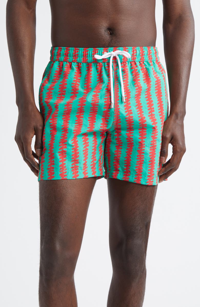 Drake's Kelim Stripe Drawstring Swim Trunks, Main, color, 401 Green/ Red