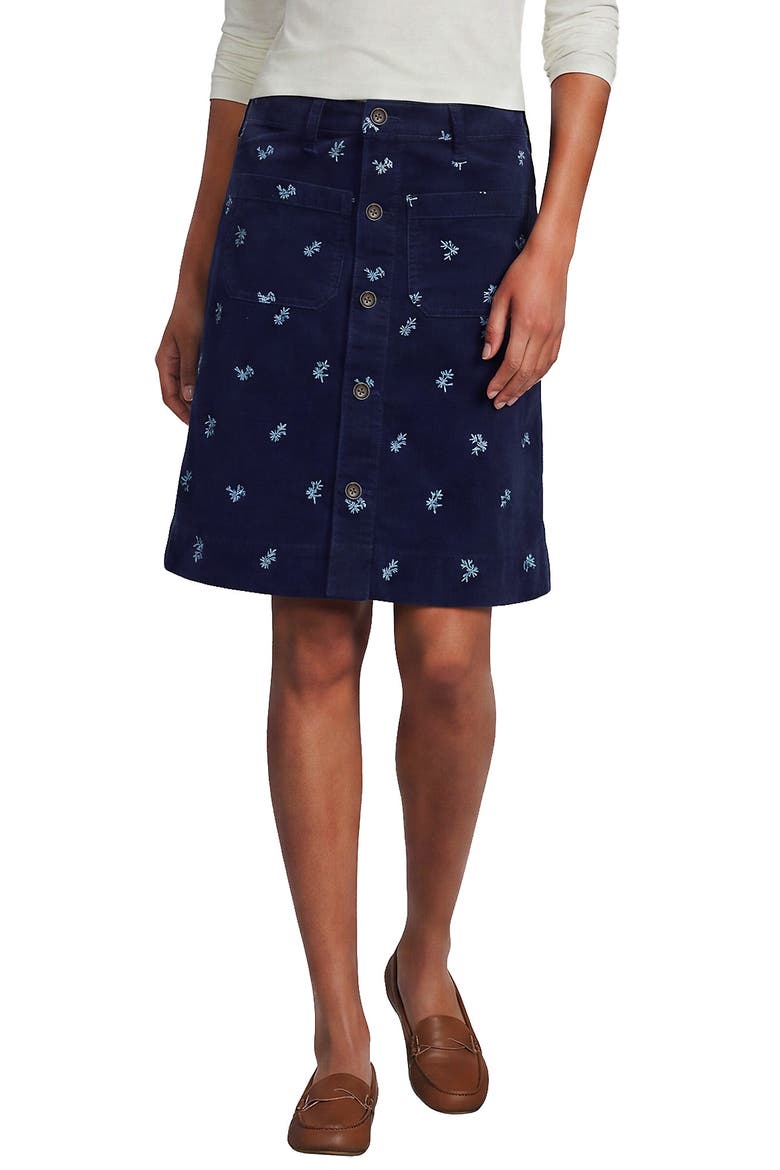 Corduroy Mid Rise Button Through Above the Knee Skirt, Alternate, color, Embroidery/Deep Sea Navy