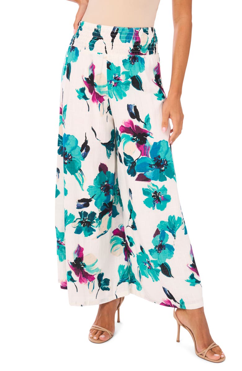 Vince Camuto Floral Wide Leg Pull-On Pants, Main, color, Jungle