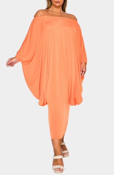 Eero Off the Shoulder Long Sleeve Tapered Hem Midi Dress (Plus)