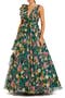 Floral Print Ballgown with Ruffle Shoulder and Plunging V-Neck