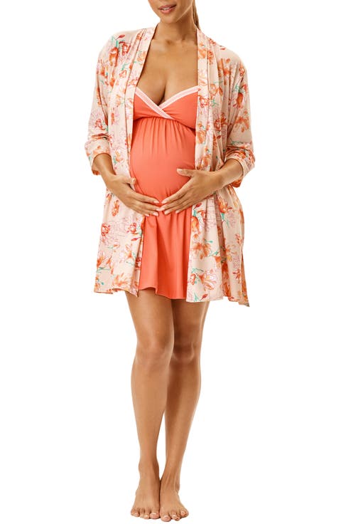 Motherhood Women's Maternity Robe and Nursing Chemise Sleep Set with Baby Swaddle