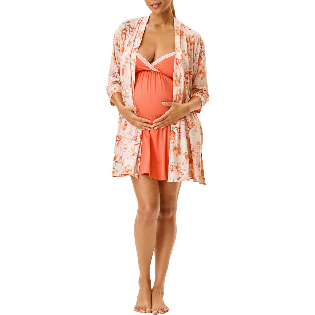 Motherhood Maternity Maternity Robe And Nursing Chemise Sleep Set With Baby Swaddle In Orange