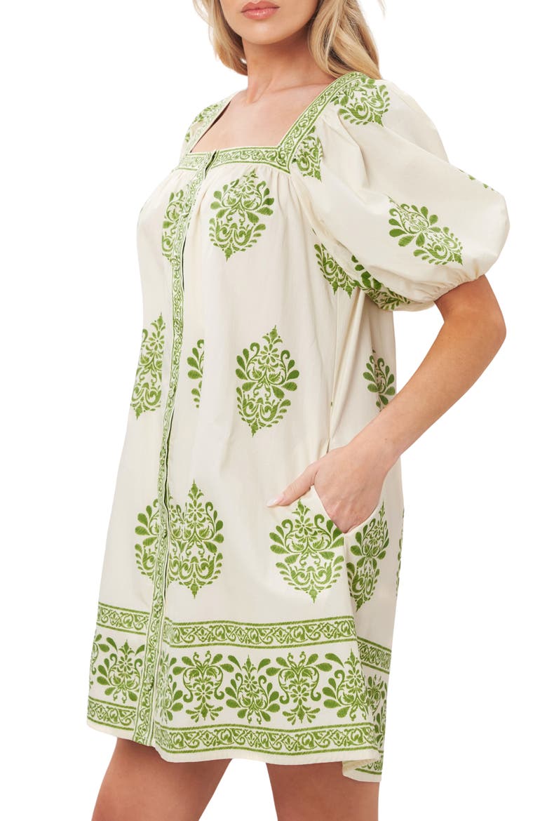 Puff Sleeve Button Front Cotton Minidress, Alternate, color, IVORY GREEN
