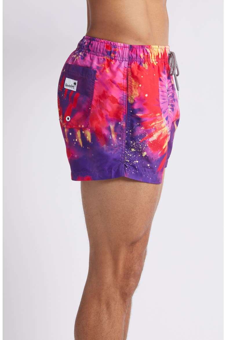 Bright Tie Dye Shortie Swim Trunks, Alternate, color, PURPLE MULTI