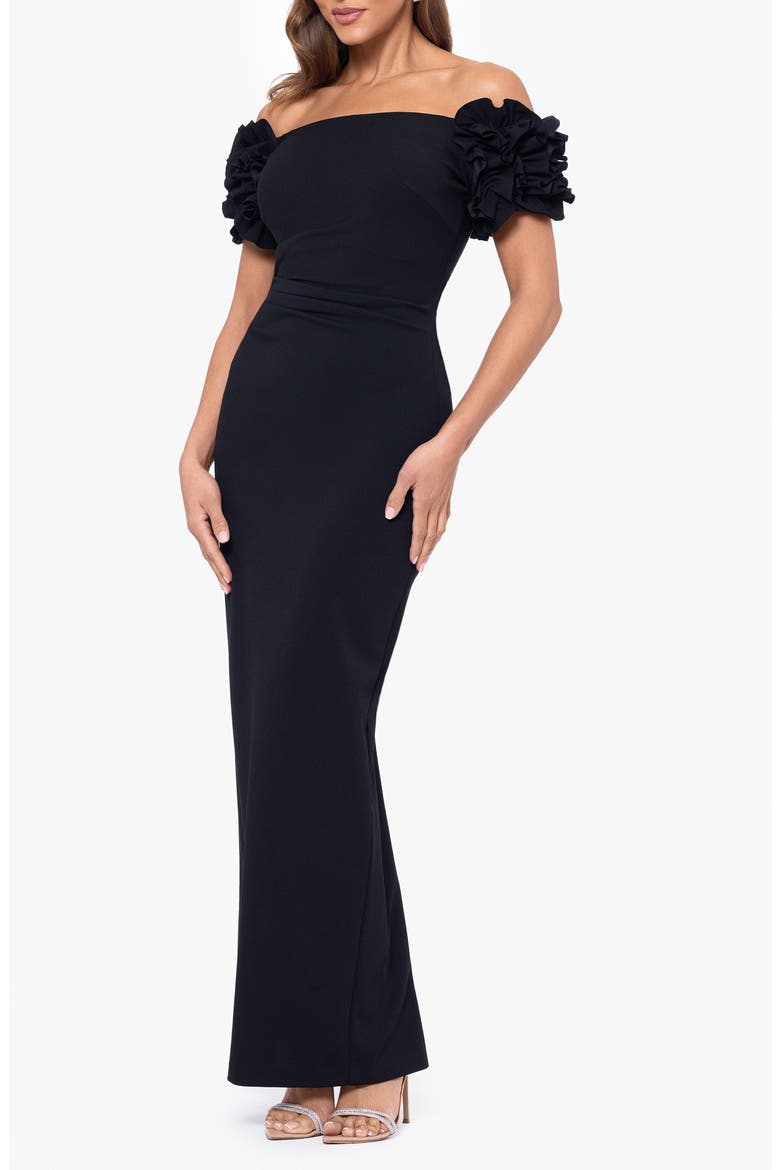Ruffle Sleeve Off the Shoulder Scuba Crepe Column Gown, Alternate, color, BLACK