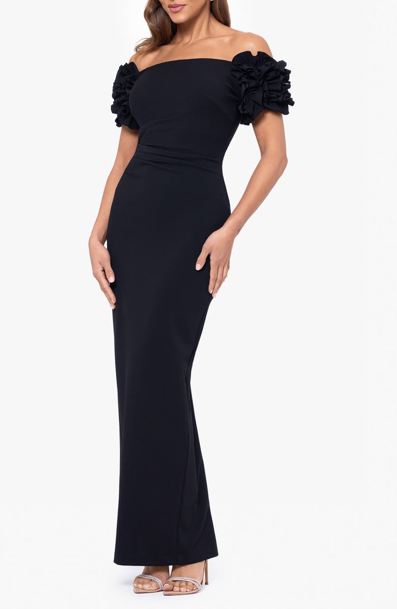 Xscape Evenings Ruffle Sleeve Off the Shoulder Scuba Crepe Column Gown, Alternate, color,