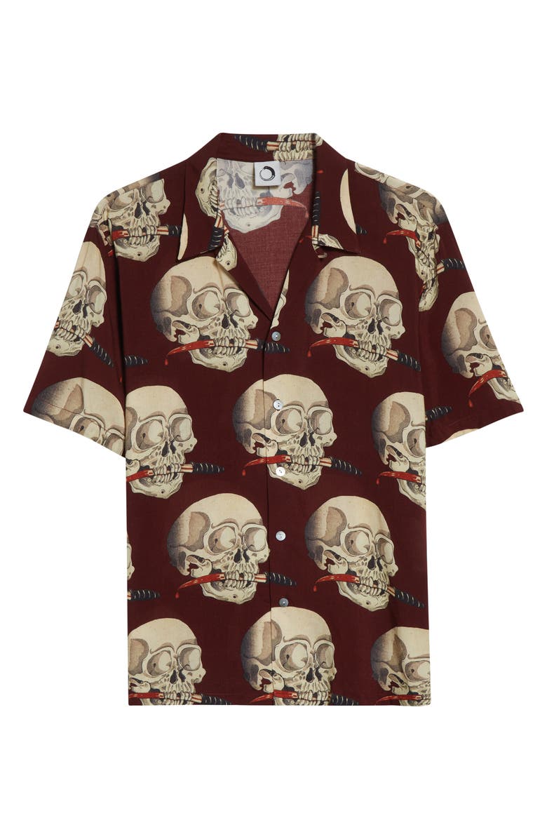ENDLESS JOY Skull Print Camp Shirt, Alternate, color, Oxblood