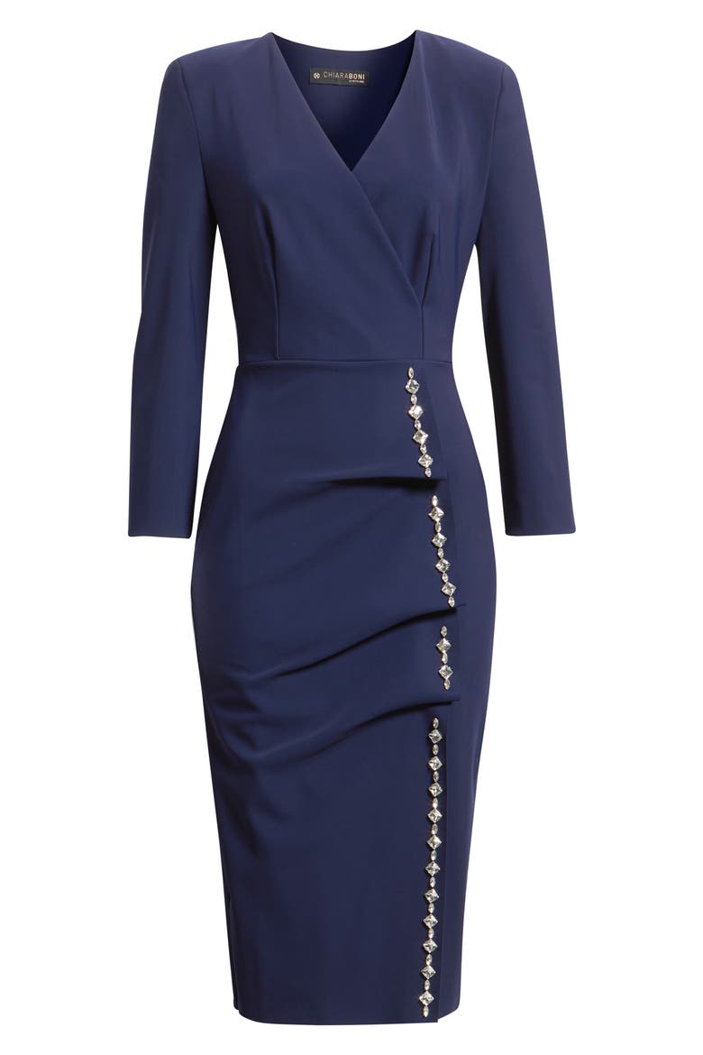 Rhinestone Detail Long Sleeve Cocktail Sheath Dress, Alternate, color, 743 BLU NOTTE