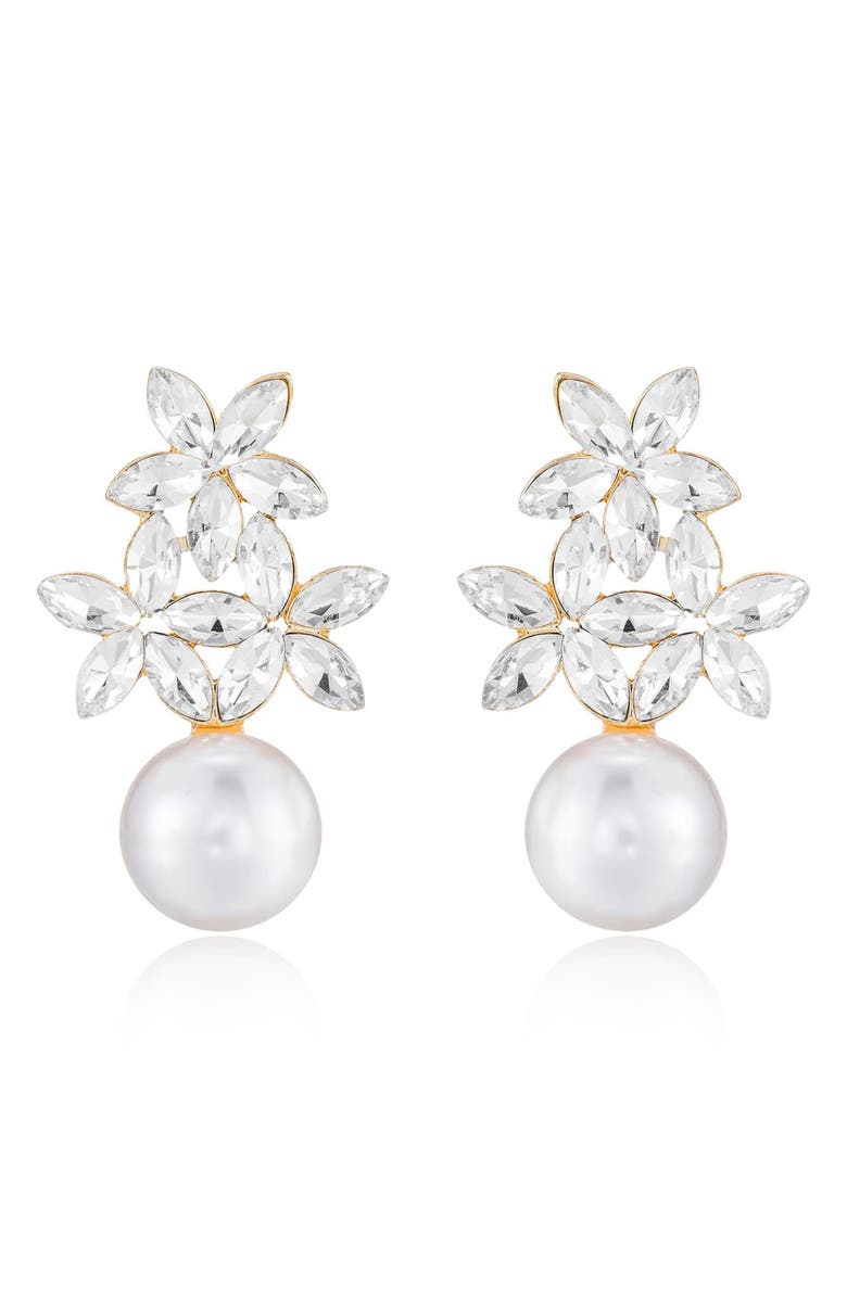 Ettika Floral Crystal & Imitation Pearl Earrings, Main, color, Gold