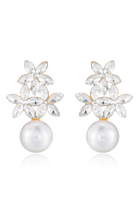 Floral Crystal & Imitation Pearl Earrings