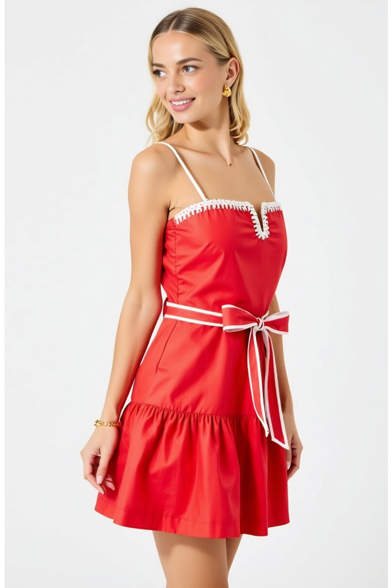 Spaghetti-Strap Crochet-Trim Tie-Waist Mini Dress, Alternate, color, Red