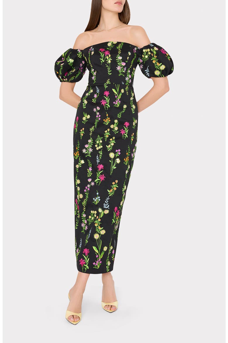 Nira Bloom Embroidered Off the Shoulder Gown, Alternate, color, BLACK MULT