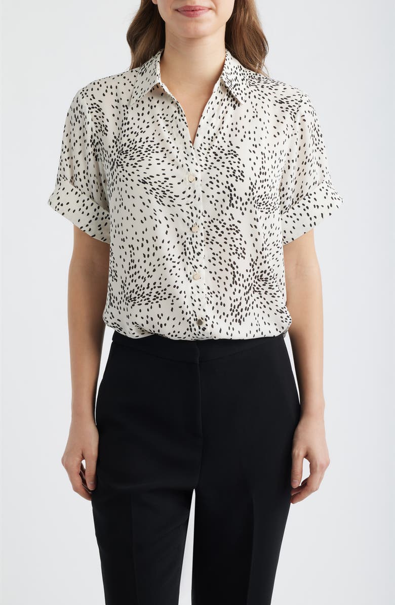 AK ANNE KLEIN Fleck Print Short Sleeve Button-Up Shirt, Main, color, White Dove/ Anneblack