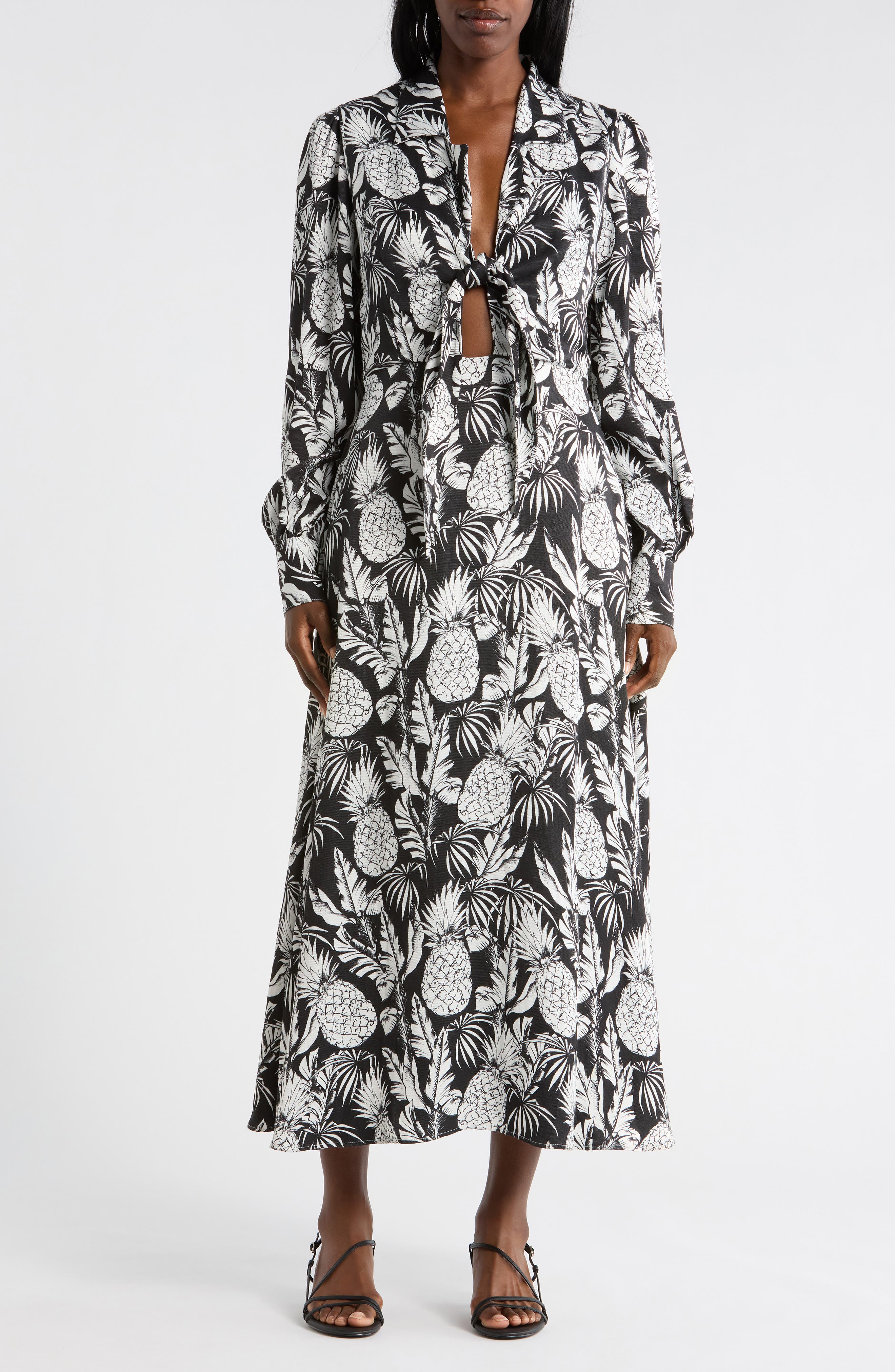 Elie Tahari Pineapple Print Long Sleeve Maxi Dress