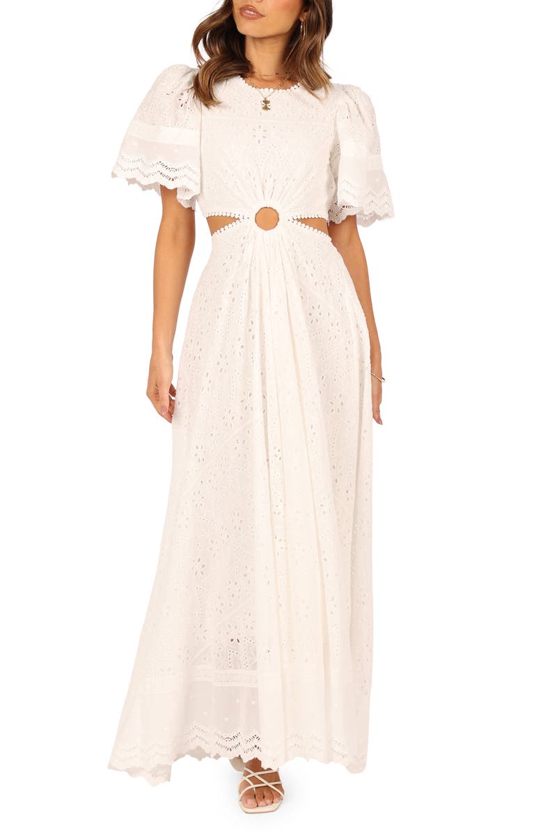 Petal & Pup Merletto Short Sleeve Cutout Eyelet Maxi Dress, Main, color, White