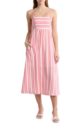 Shop Melrose And Market Stripe Babydoll Midi Dress In Pink Geranium Stripe