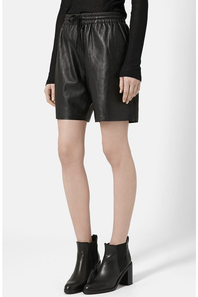 Topshop Lambskin Leather Shorts, Main, color, BLACK