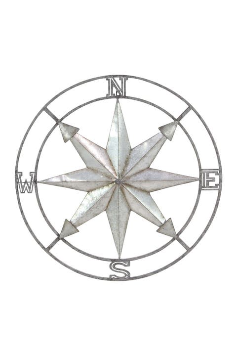 Silvertone Metal Compass Wall Decor with Distressed Coppertone Finish