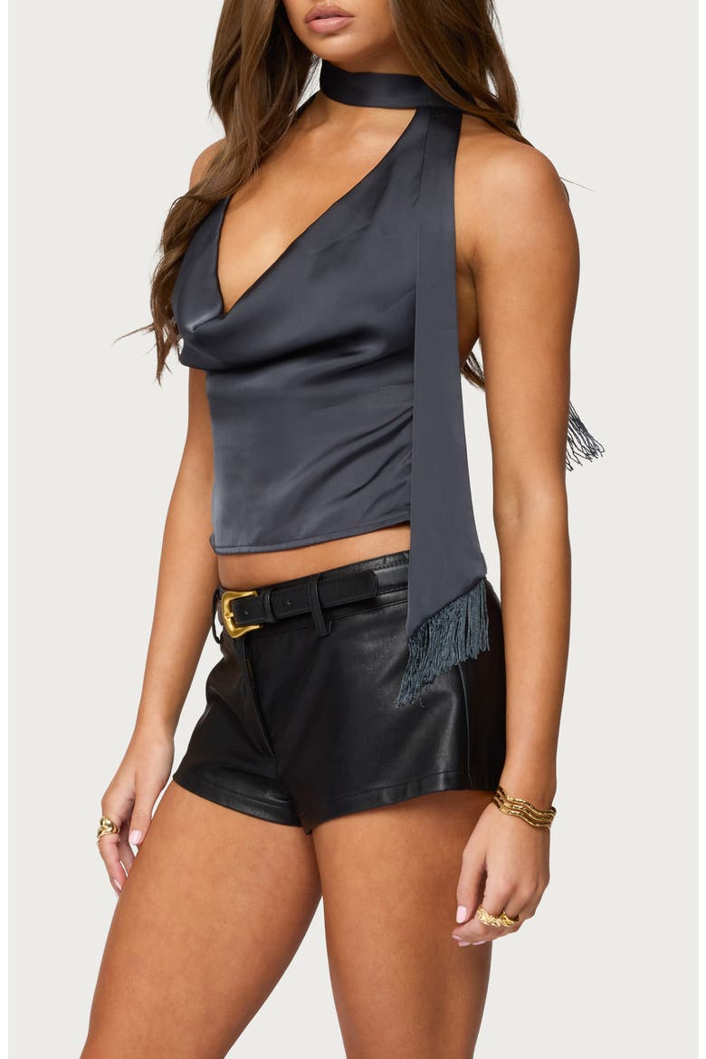 Sleeveless Satin Scarf Detail Cowl Neck Top, Alternate, color, DARK-GRAY