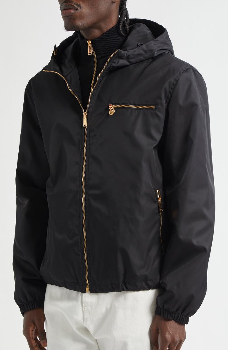 Versace Nylon Twill Hooded Windbreaker, Alternate, color, Black