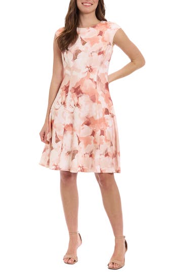 London Times Women's Floral Print Cap Sleeve Fit & Flare Dress In Ivory/peach