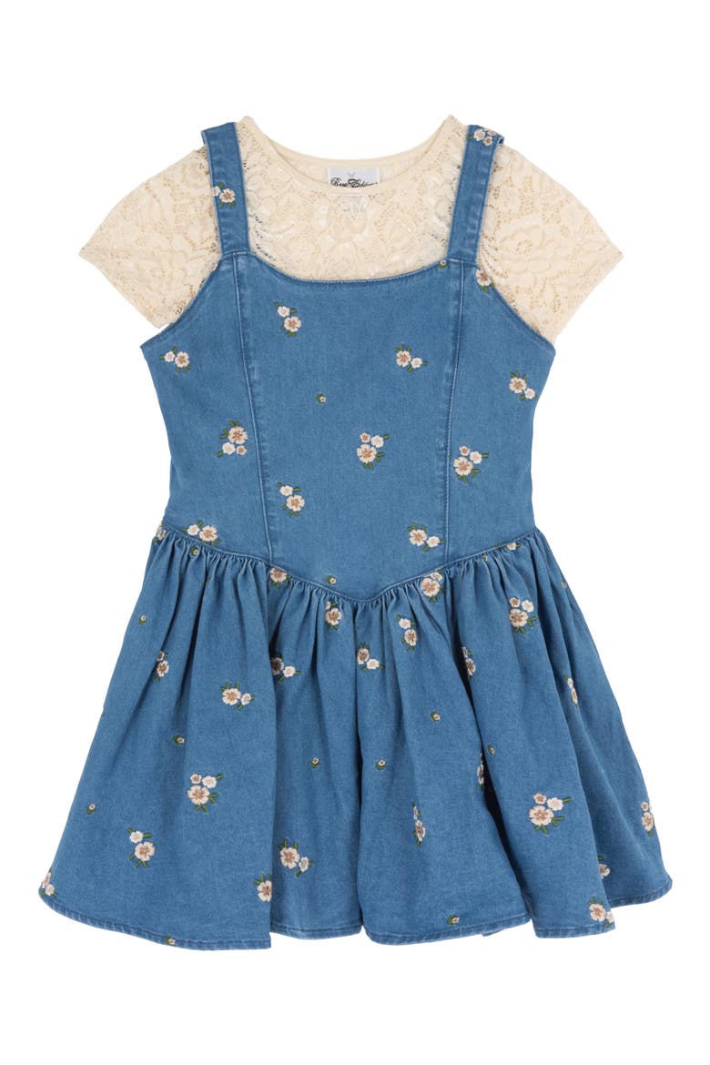 Kids' Lace Top & Embroidered Denim Dress Set, Main, color, TAUPE