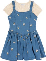 Rare Editions Kids' Lace Top & Embroidered Denim Dress Set