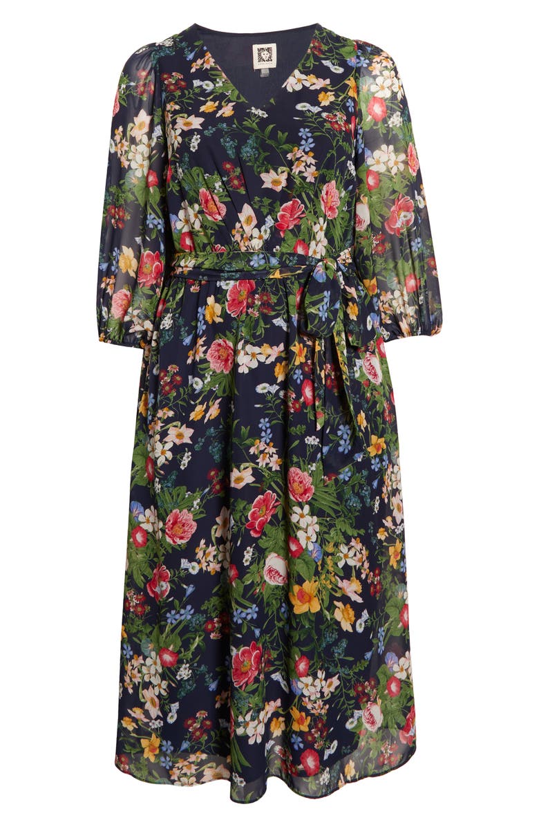 Anne Klein Floral Print Tie Waist Midi Dress, Alternate, color, Distant Mountain Multi